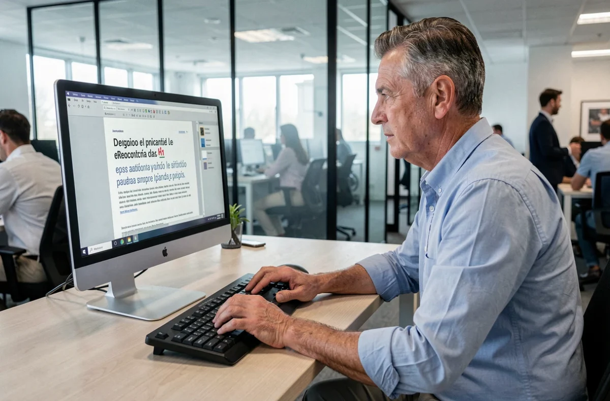 Homme d'affaires utilisant un clavier AZERTY pour écrire en espagnol sur un écran de bureau en open space