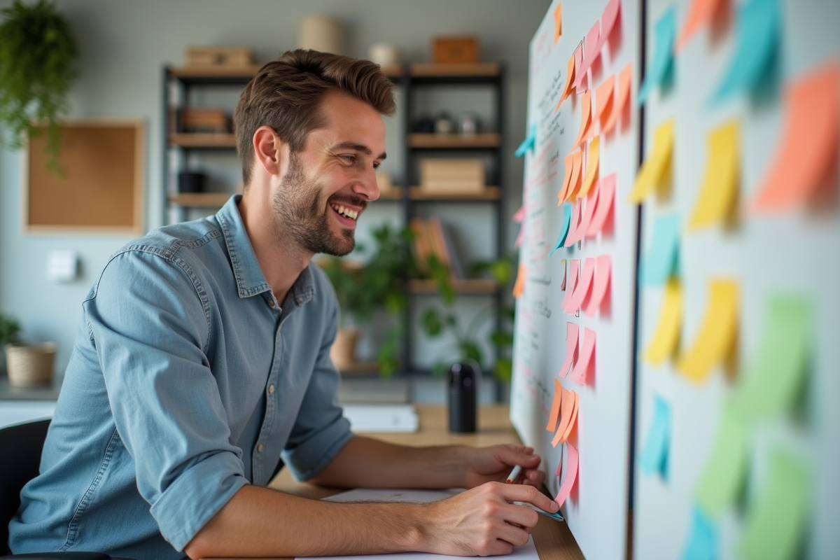 Homme créatif collaborant avec tableau blanc et notes