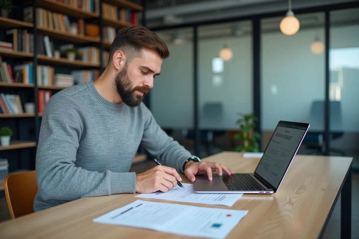 Homme en co-working comparant les prix et services d'un abonnement à un magazine professionnel en ligne