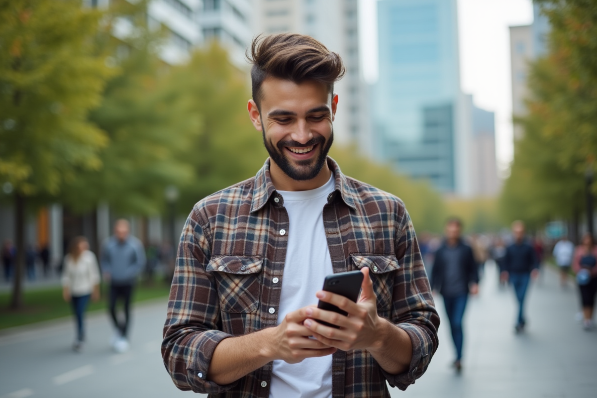 Homme en plaid participe à un appel vidéo dans un parc urbain