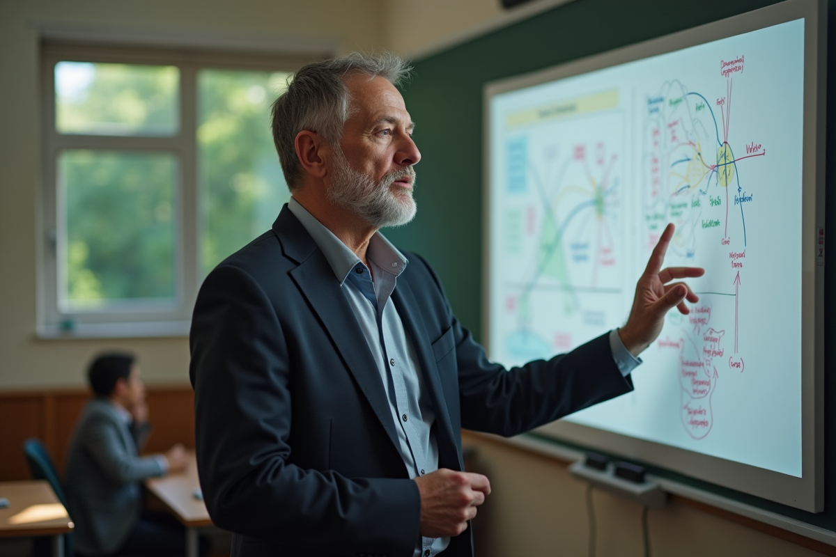 Homme en classe expliquant un diagramme