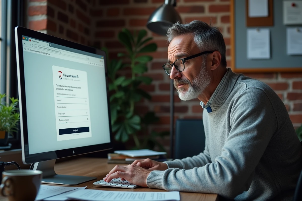 Homme avec lunettes devant un écran d'ordinateur affichant une page d'inscription avec un message d'erreur lors d'un abonnement magazine