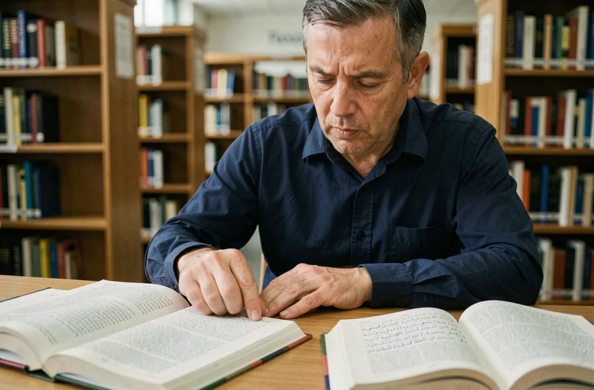 Homme adulte étudiant l'alphabet arabe dans une bibliothèque entouré de manuels de langue arabe bilingues