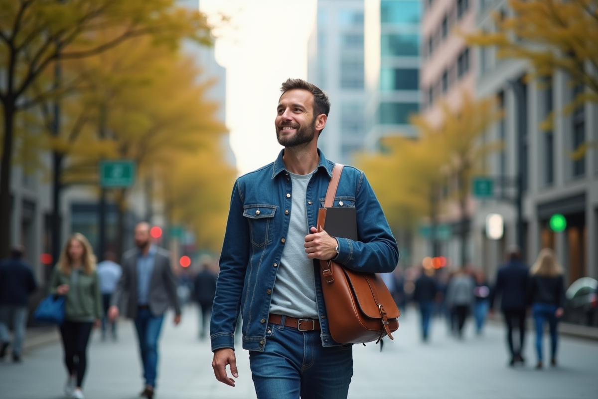 Homme confiant marchant en ville pour l