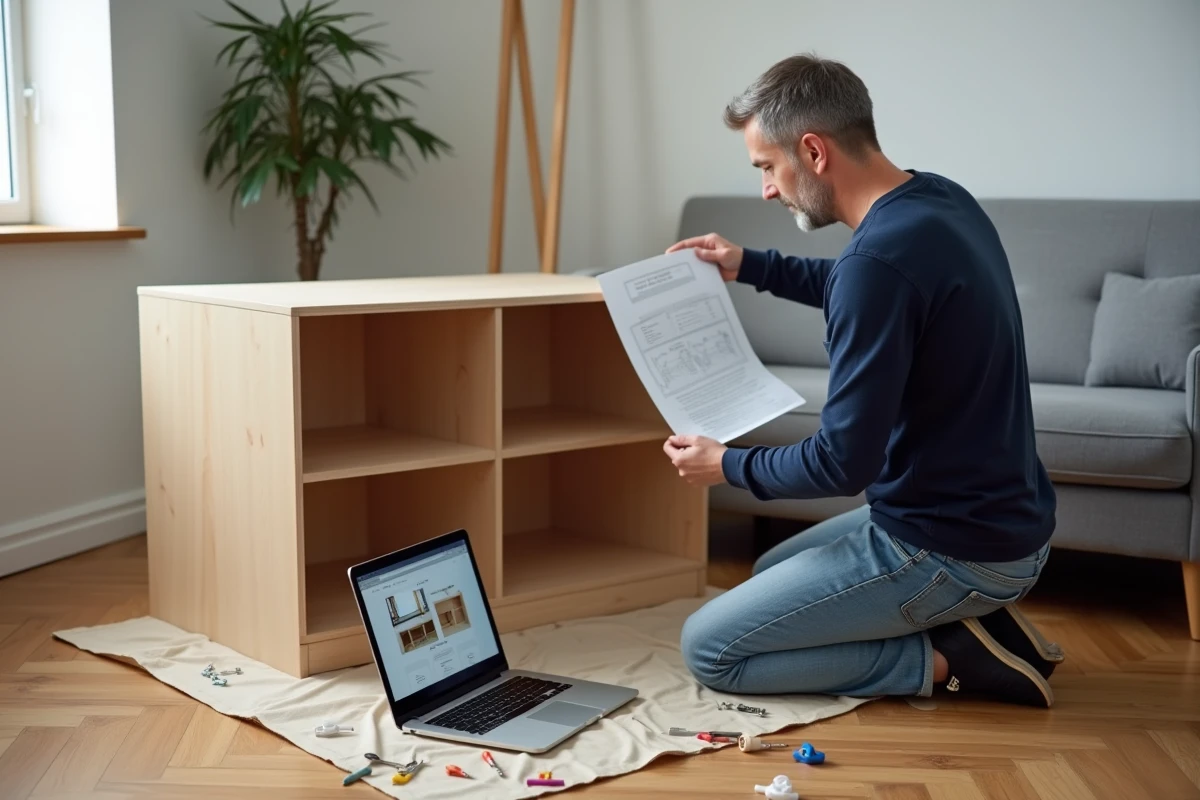Homme assemblant des meubles en consultant un tutoriel DIY en ligne sur ordinateur portable