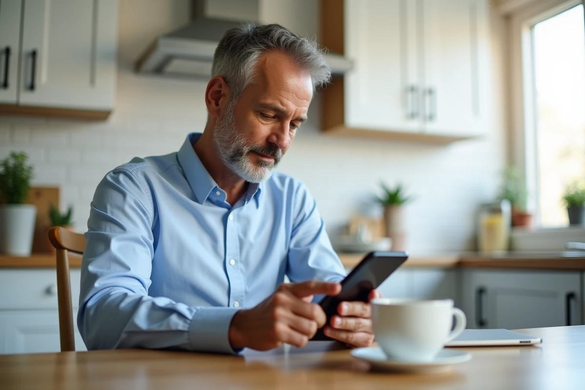 Homme adulte en train de paramétrer ENT Sigma sur un smartphone Samsung dans sa cuisine