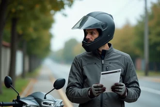 Homme dans la quarantaine examinant son permis B à côté d'un scooter 125cc après une longue interruption de conduite