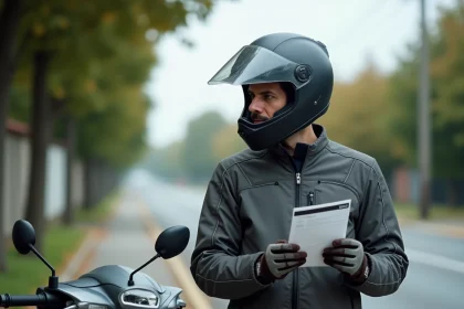 Homme dans la quarantaine examinant son permis B à côté d'un scooter 125cc après une longue interruption de conduite