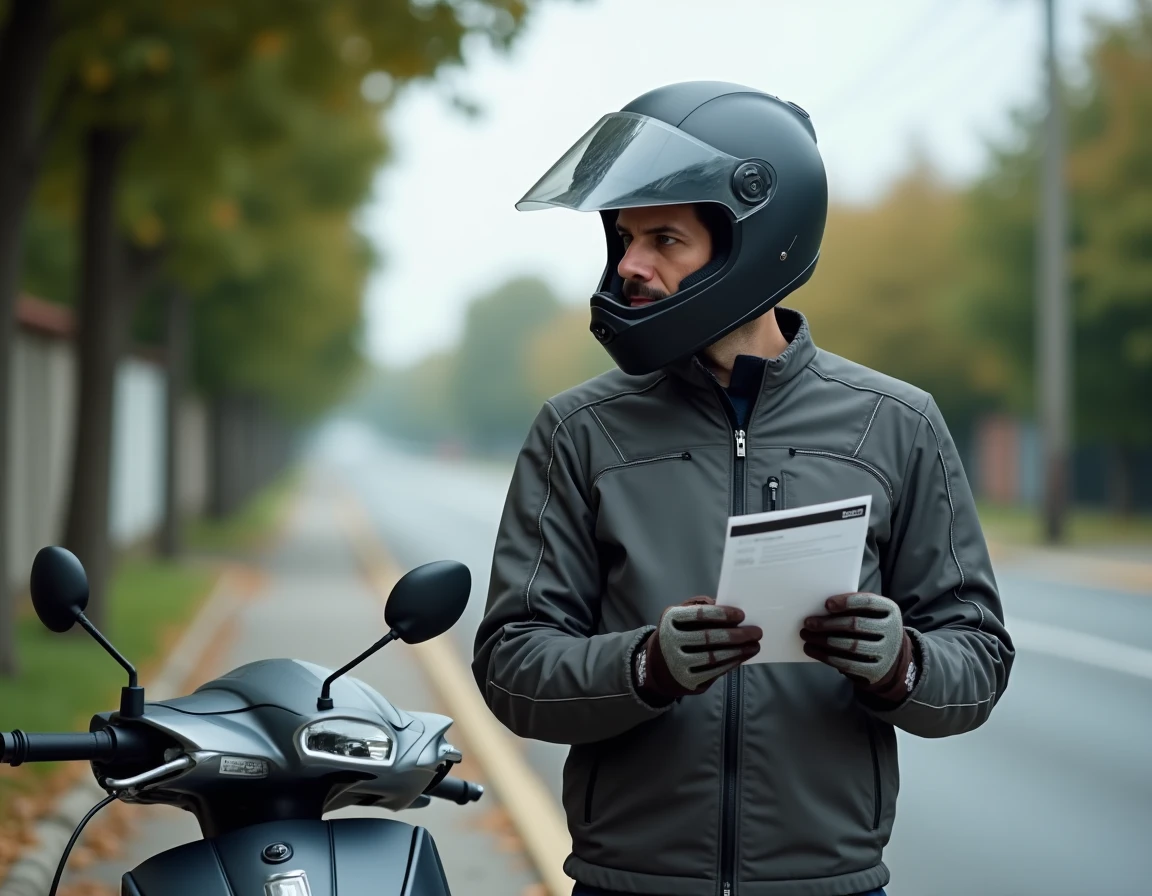 Homme dans la quarantaine examinant son permis B à côté d'un scooter 125cc après une longue interruption de conduite