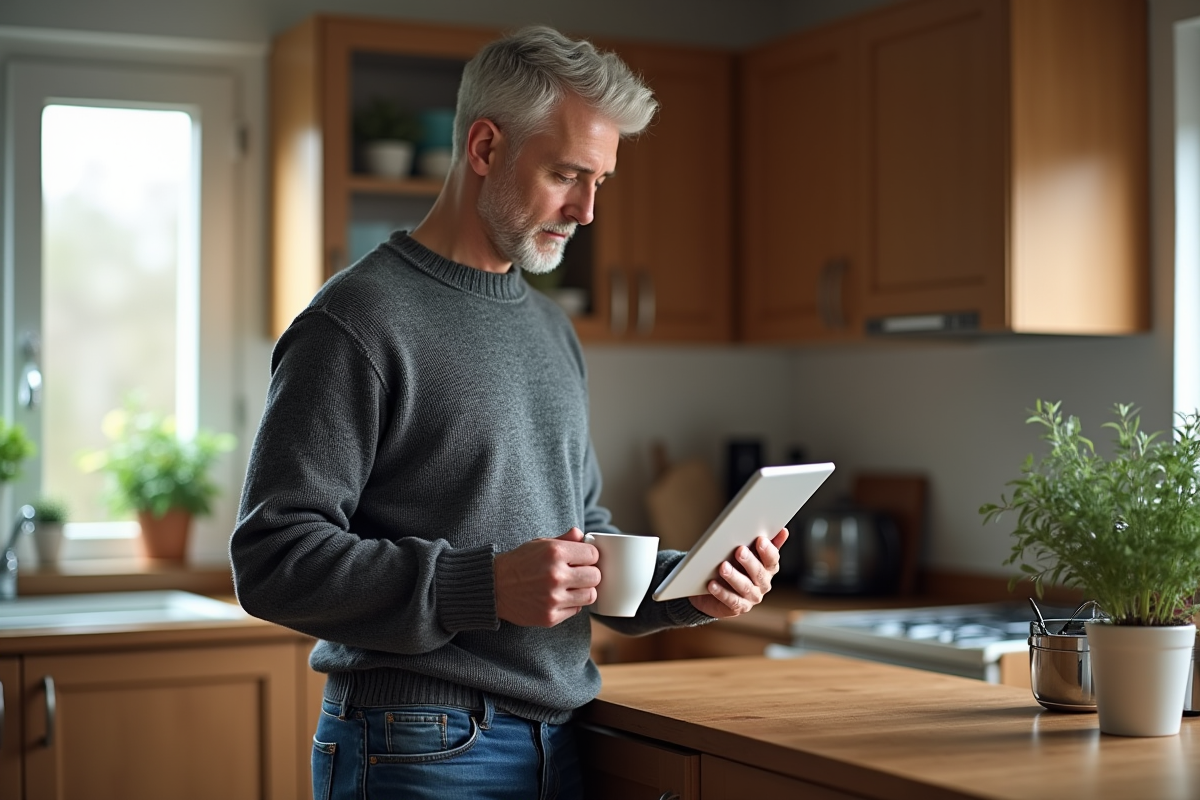 Homme cherchant un emploi sur tablette à la maison