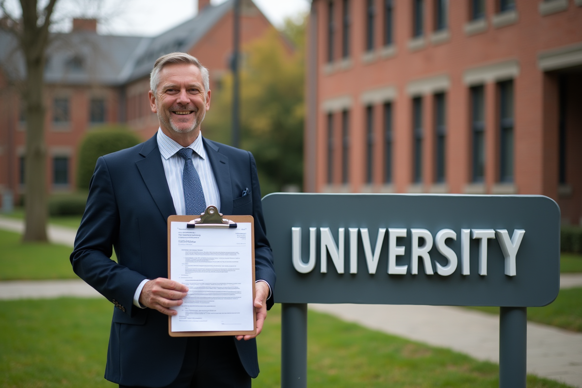 Homme en costume tenant un dossier devant un panneau universitaire