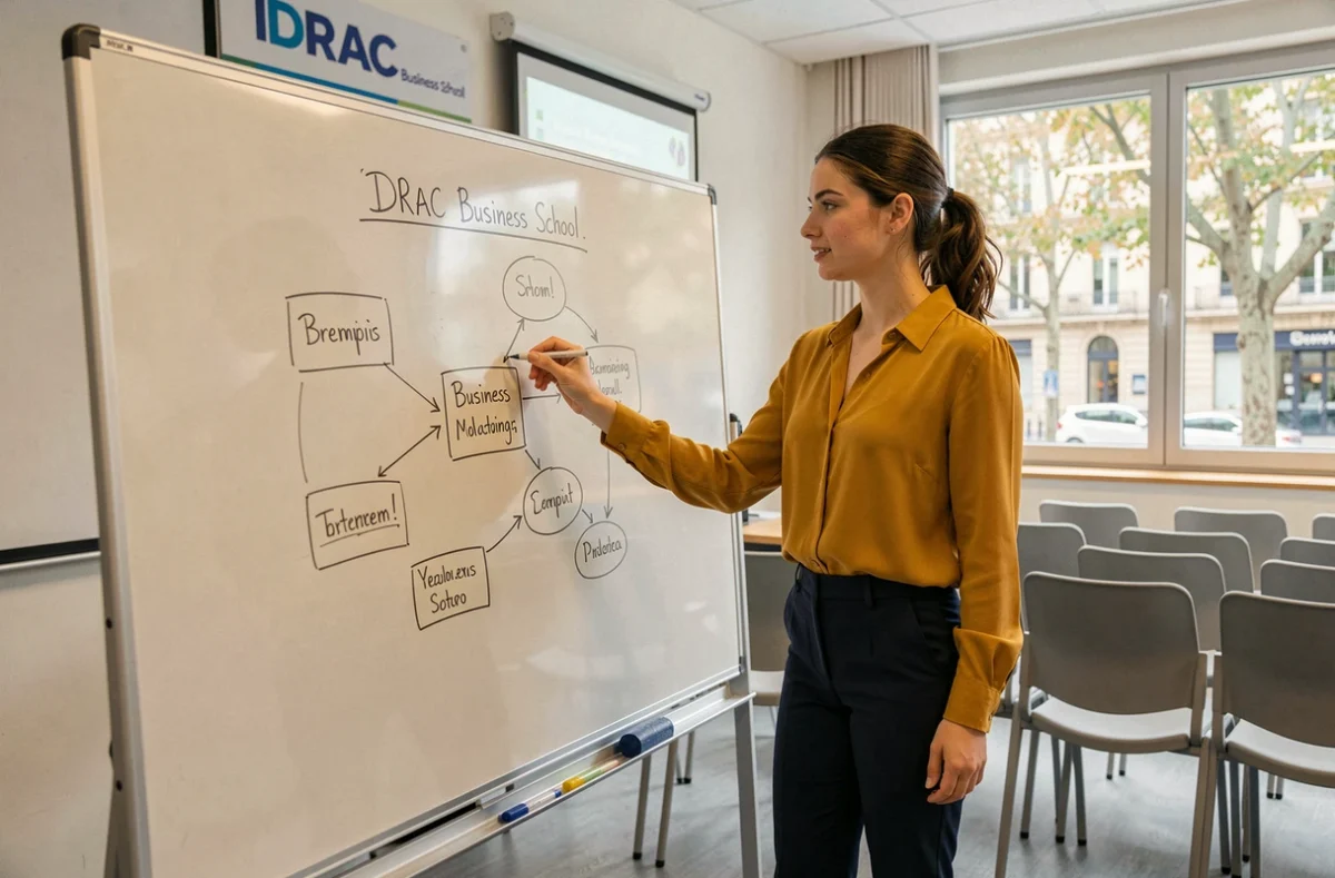 Étudiante présentant un business model canvas dans une salle de cours de l'IDRAC Business School