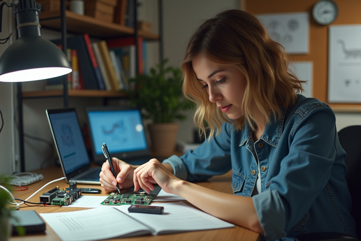 Jeune femme ingénieure inspectant un circuit imprimé dans son laboratoire