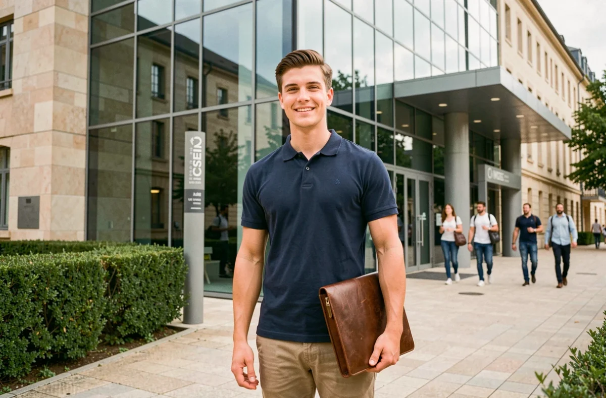 Étudiant posant devant le campus d'INSEEC Grande École à Bordeaux avec son portfolio