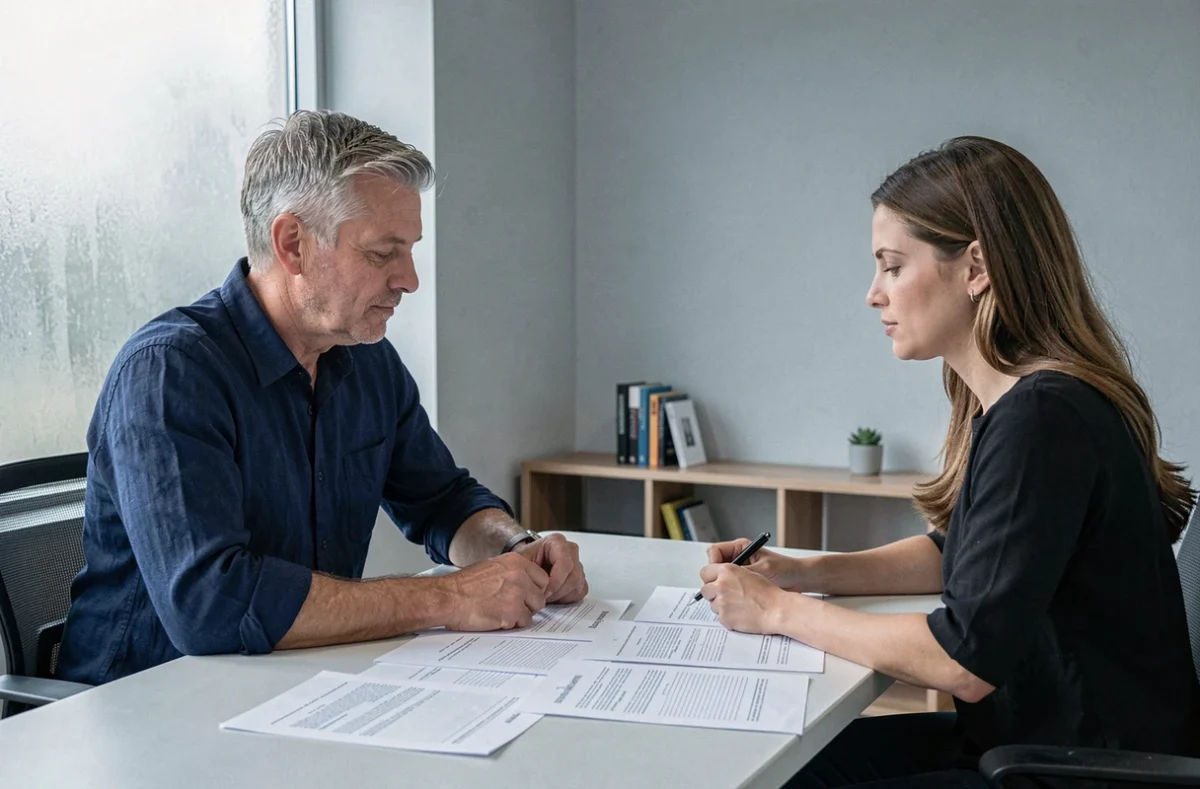 Homme et coach interprétant ensemble les résultats d'un test de profil sensoriel VAKOG en séance de consultation