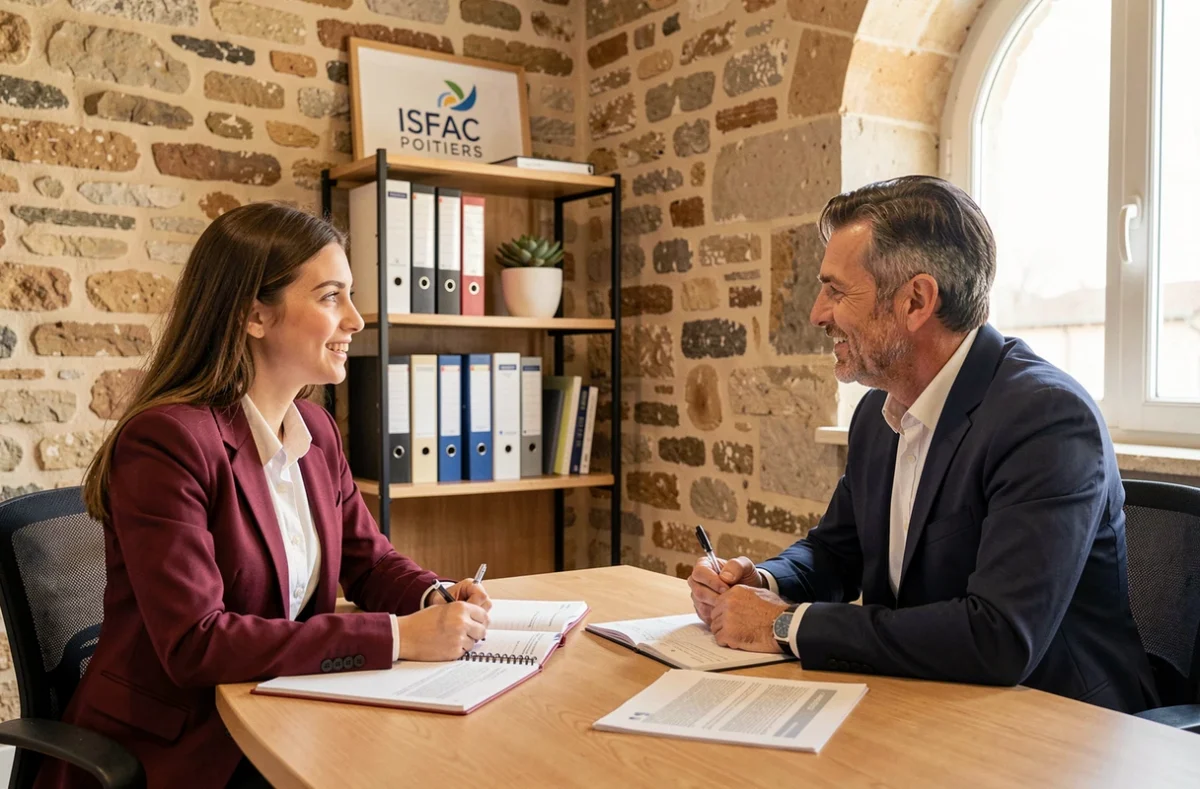 Étudiante de l'ISFAC Poitiers en session de mentorat professionnel dans un bureau aux murs en pierre