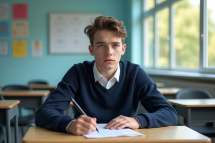 Jeune garçon concentré en classe avec ses papiers d'examen