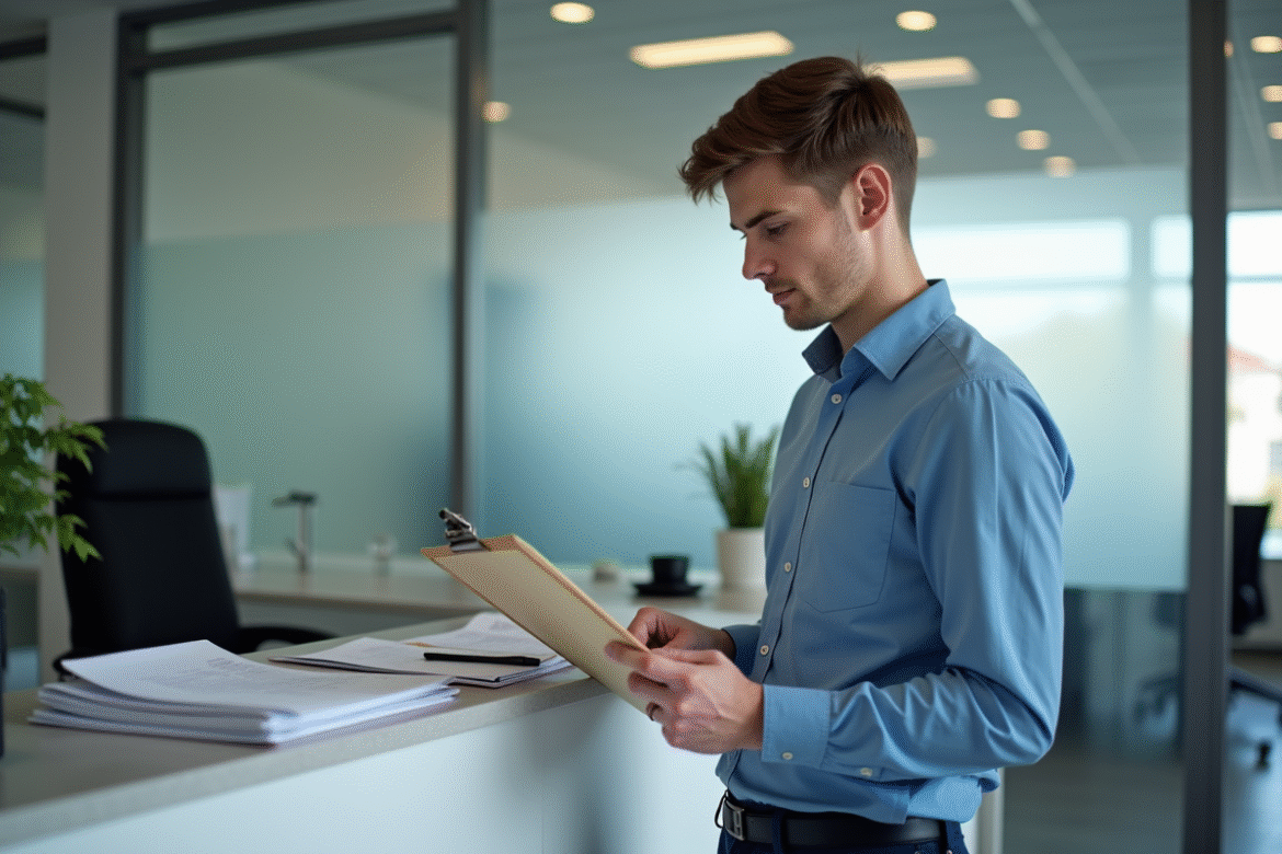Jeune homme apprenti au bureau avec clipboard et ordinateur