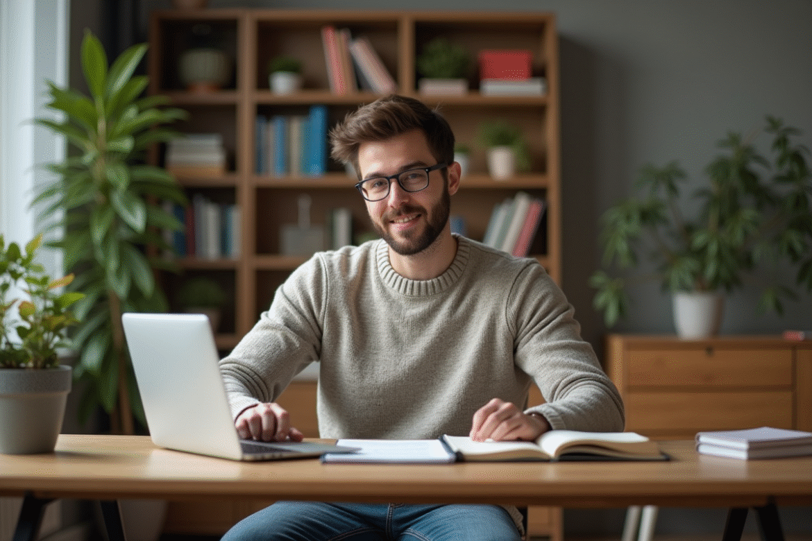 Étudiant jeune homme à son bureau à la maison