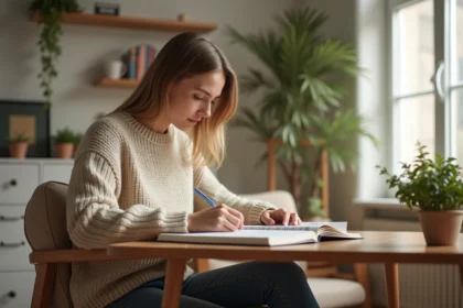 Jeune femme étudiant l'arabe à son bureau lumineux