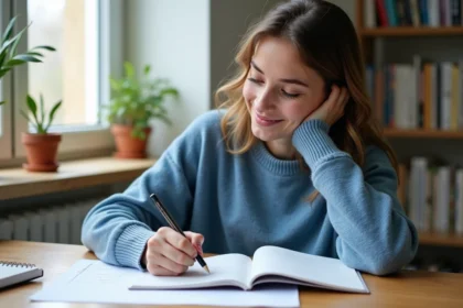 Jeune femme écrivant dans un cahier avec livre de grammaire française
