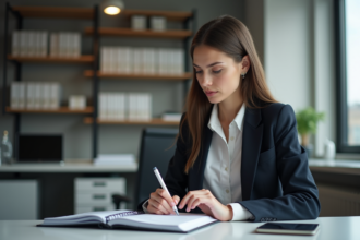 Jeune femme concentrée à son bureau avec un classeur CPA