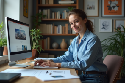 Jeune femme au bureau design en home office