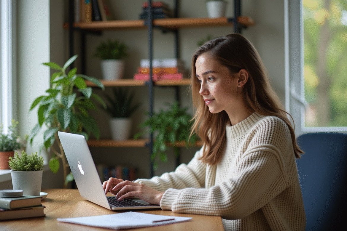 Jeune femme travaillant sur un ordinateur portable dans un bureau à domicile