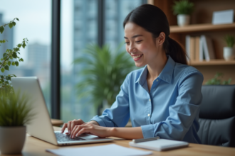 Jeune femme professionnelle travaillant sur son ordinateur dans un bureau moderne