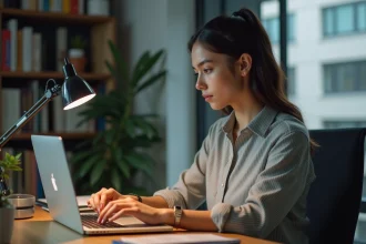 Jeune femme au bureau regardant son ordinateur portable