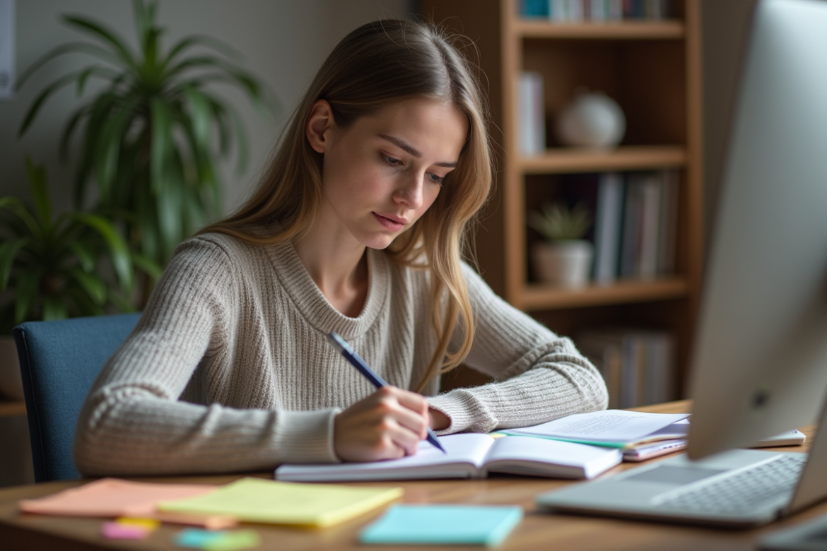 Jeune femme concentrée prenant des notes dans un bureau organisé