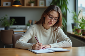 Femme professionnelle en bureau écrivant des notes