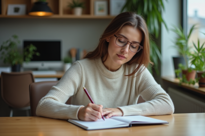 Femme professionnelle en bureau écrivant des notes
