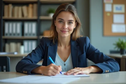 Jeune femme en bureau universitaire remplissant un formulaire
