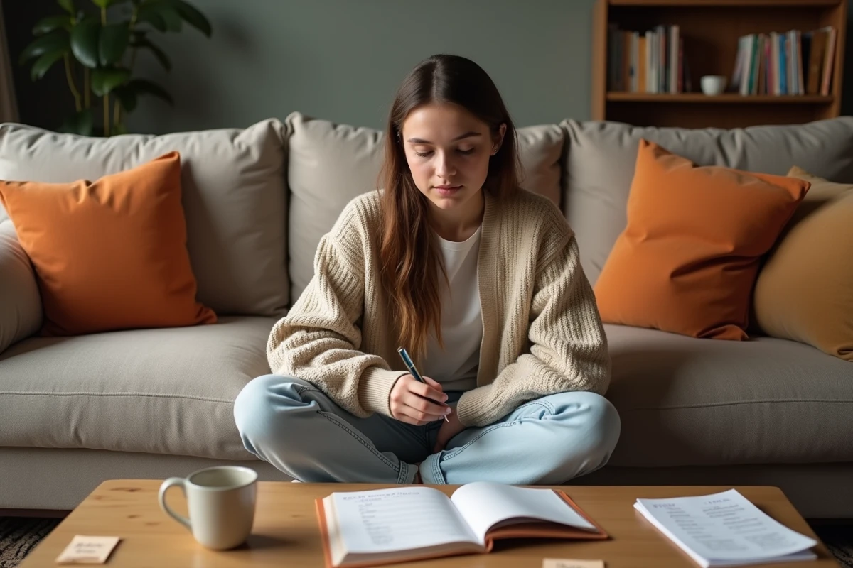 Jeune femme assise sur un canapé révisant les exercices de conjugaison des temps de l'indicatif avec un cahier sur les genoux