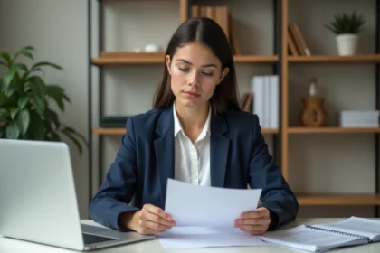 Jeune femme en costume bleu examinant un CV au bureau