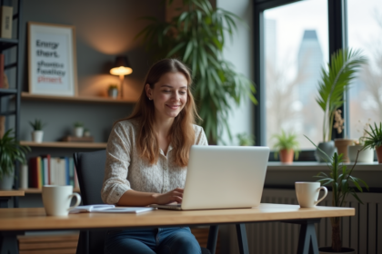 Jeune femme au bureau coworking en blouse et jeans