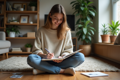 Jeune femme en train de dessiner dans un salon moderne