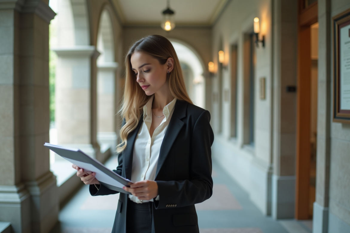 Jeune femme lisant un diplôme dans un couloir universitaire