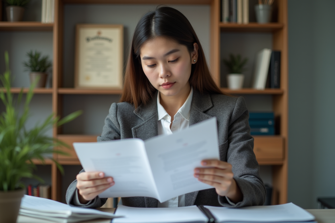 Jeune femme en business casual étudiant des documents officiels