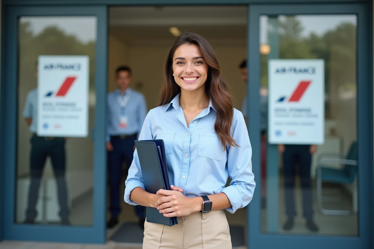 Jeune femme souriante devant une école de pilotage avec dossier
