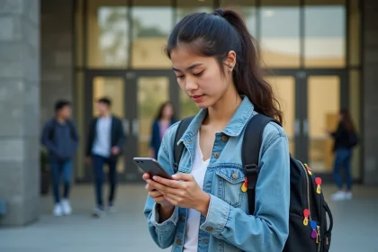 Jeune femme en denim à l'entrée d'une université moderne