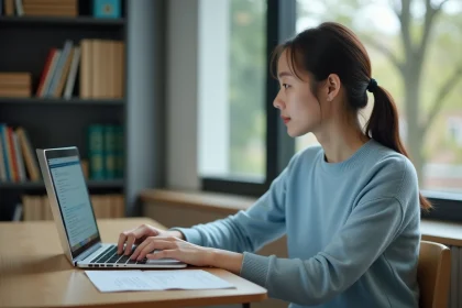 Jeune femme concentrée utilisant un ordinateur portable à l'université