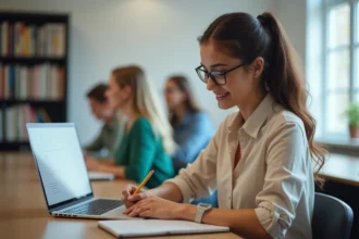 Jeune femme étudiant attentive sur son ordinateur portable