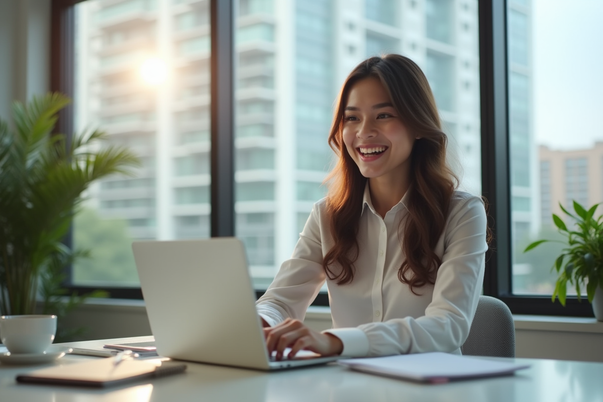 Jeune femme souriante regardant une formation en ligne dans un bureau lumineux