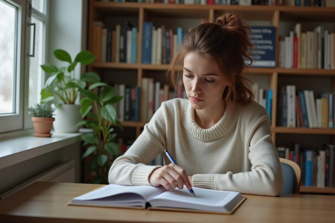 Jeune femme lisant un livre de psychologie dans un espace cosy