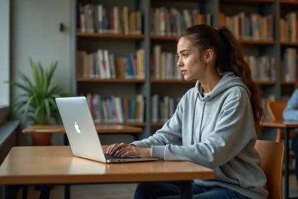 Jeune femme en hoodie utilisant ENTASSAS à la bibliothèque