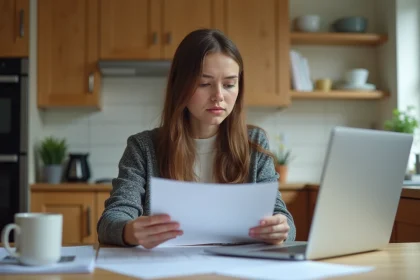 Jeune femme regardant ses fiches de paie à la maison