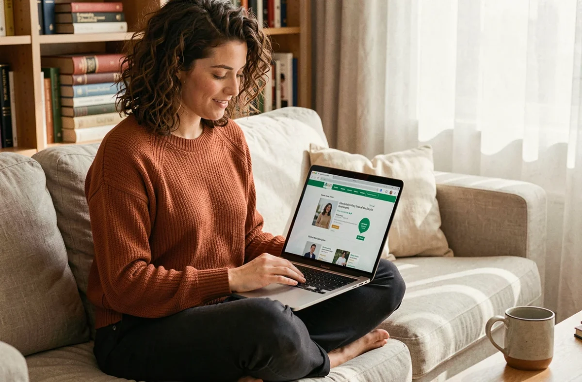Jeune femme explorant une liste de métiers en ligne depuis chez elle pour préparer sa reconversion en 2026