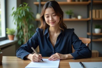 Jeune femme signant un CV dans un bureau moderne